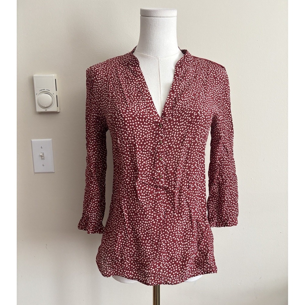 Massimo Dutti Womens Medium Silk Top Polka Dot Red Burgundy White Gold Button